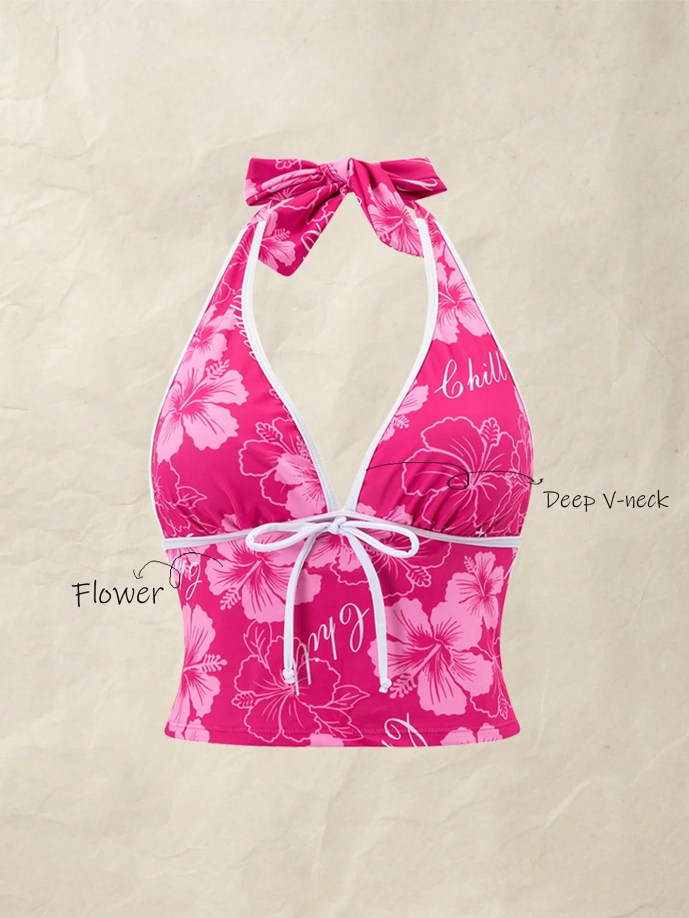 Swim Mod Magenta Tropical Ditsy Floral Deep Tie Straps Casual Vacation Pool Women's Halter Neck Push-Up Bikini Top