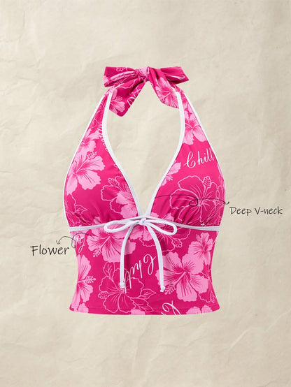Swim Mod Magenta Tropical Ditsy Floral Deep Tie Straps Casual Vacation Pool Women's Halter Neck Push-Up Bikini Top