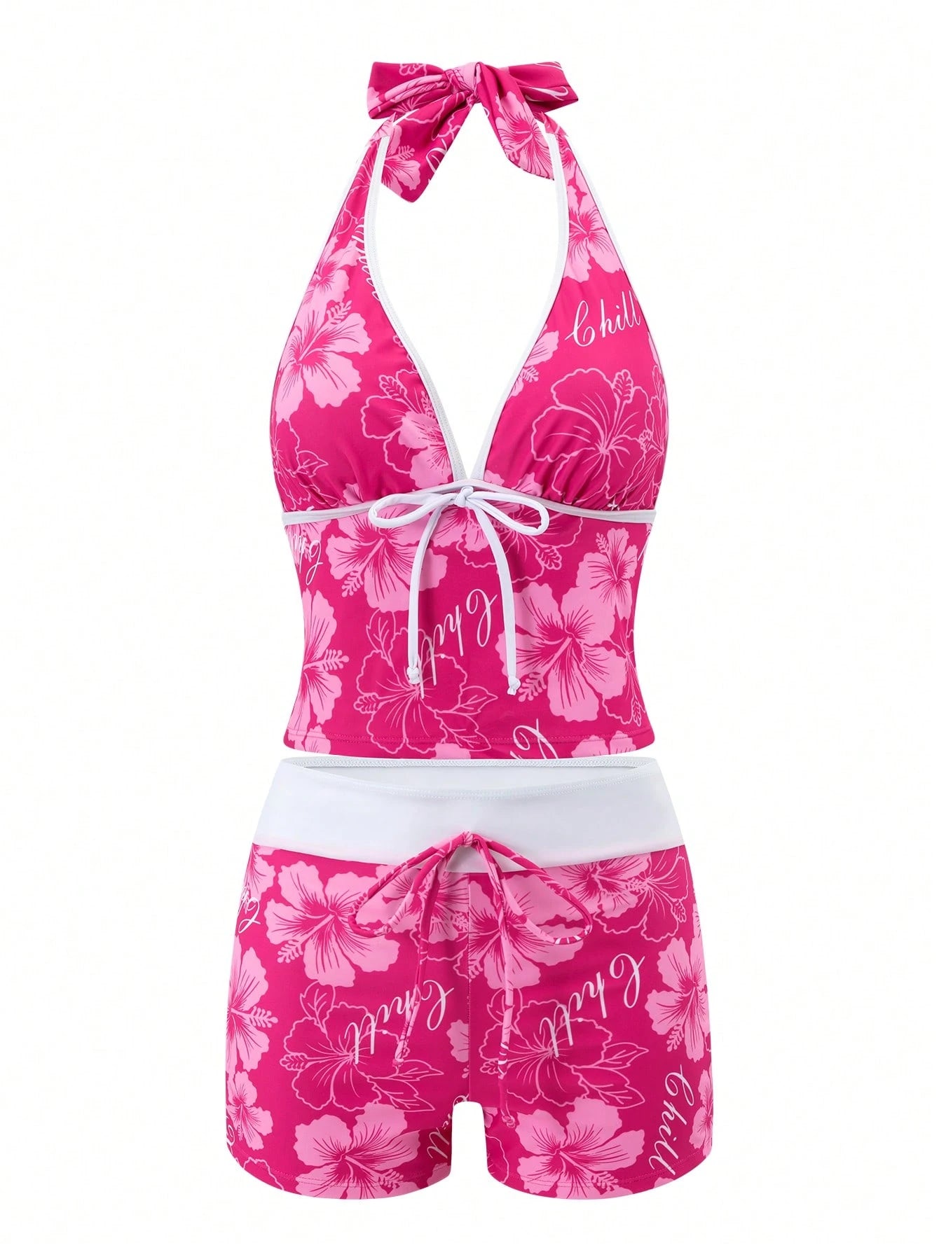 Swim Mod Magenta Tropical Ditsy Floral Deep Tie Straps Casual Vacation Pool Women's Halter Neck Push-Up Bikini Top