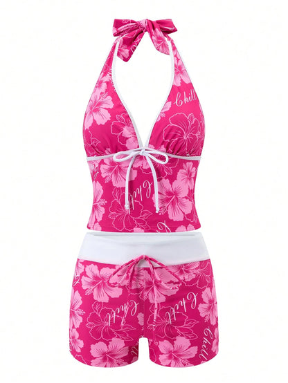 Swim Mod Magenta Tropical Ditsy Floral Deep Tie Straps Casual Vacation Pool Women's Halter Neck Push-Up Bikini Top