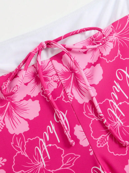 Swim Mod Magenta Tropical Ditsy Floral Deep Tie Straps Casual Vacation Pool Women's Halter Neck Push-Up Bikini Top