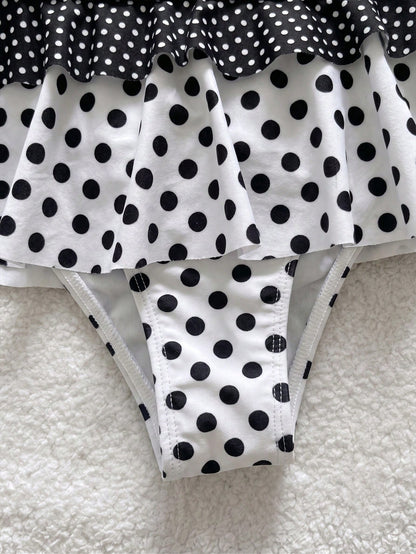Swim Mod New Spring/Summer Beach Pool Party Vacation Fashion Sexy Casual Polka Dot Print Colorblock Ruffle Tie Halter Neck 2-Piece Bikini Set Split Swimsuit For Women