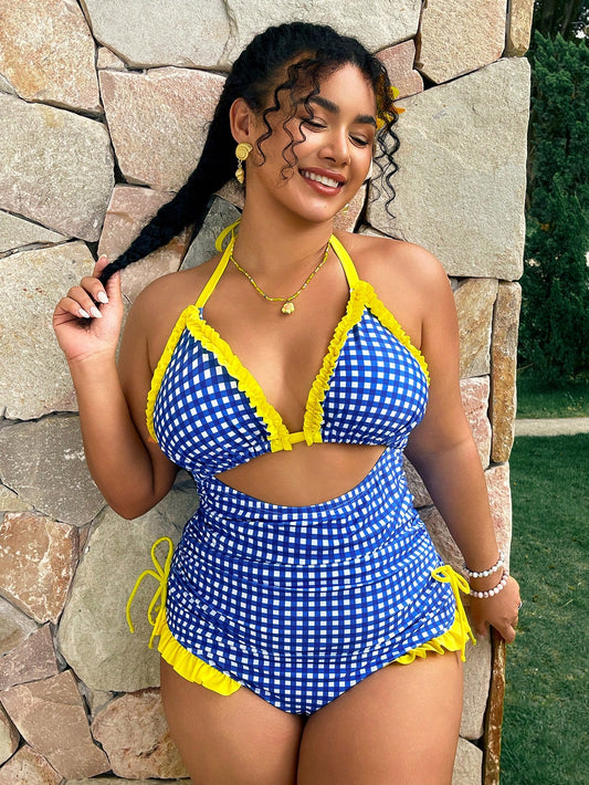 Swim Mod Plus Size Blue Plaid Patchwork Yellow Ruffle One-Piece Swimsuit, Essential For Summer Vacation And Beach Travel