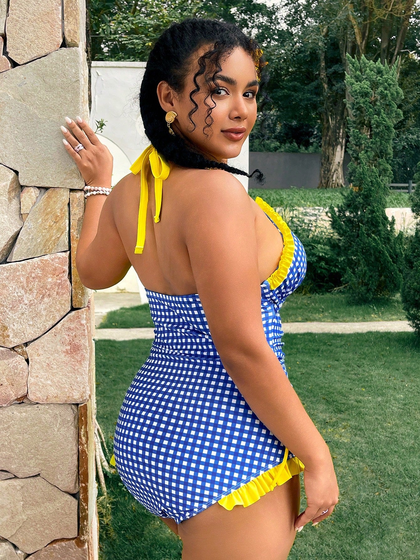 Swim Mod Plus Size Blue Plaid Patchwork Yellow Ruffle One-Piece Swimsuit, Essential For Summer Vacation And Beach Travel