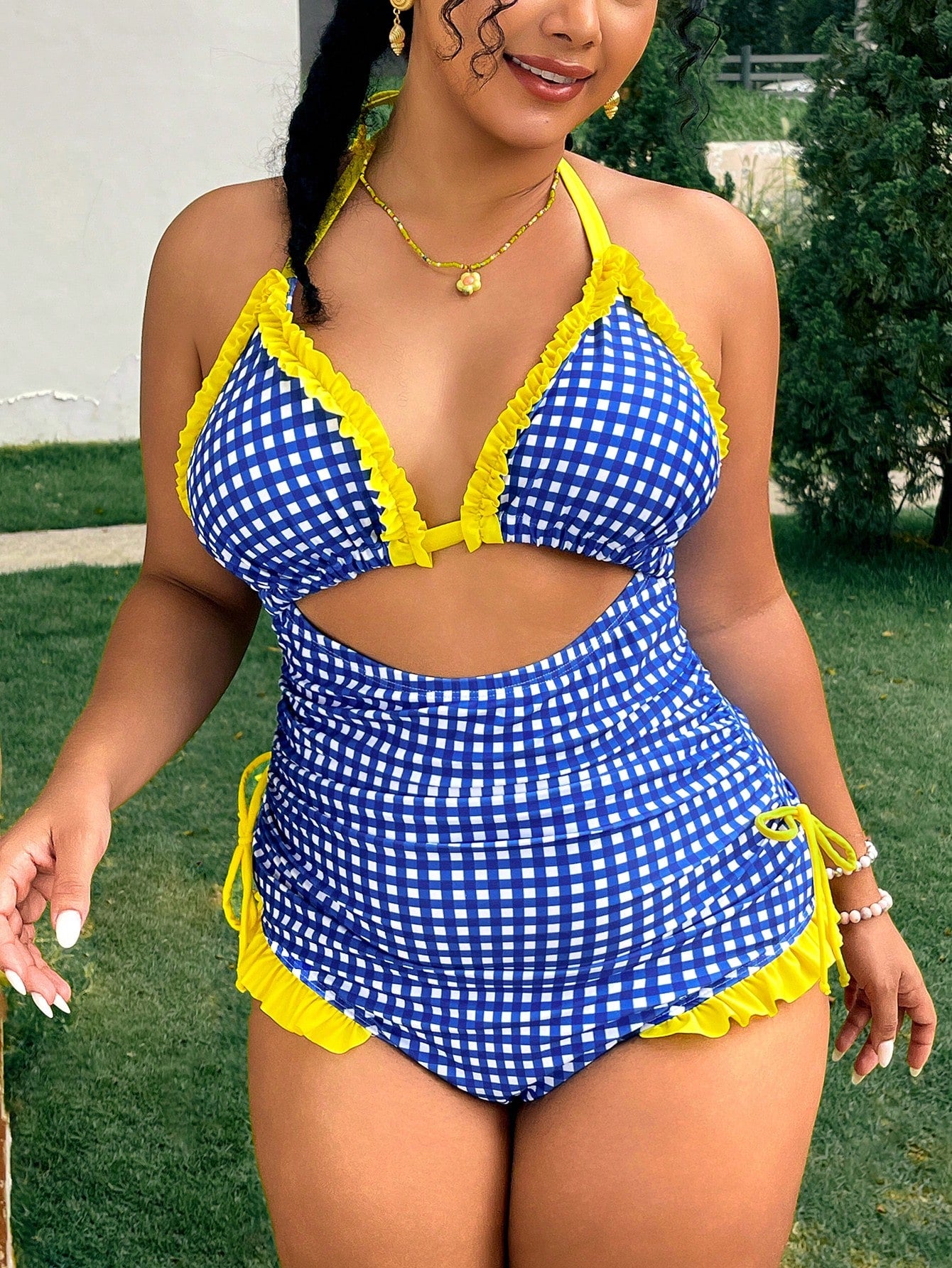 Swim Mod Plus Size Blue Plaid Patchwork Yellow Ruffle One-Piece Swimsuit, Essential For Summer Vacation And Beach Travel
