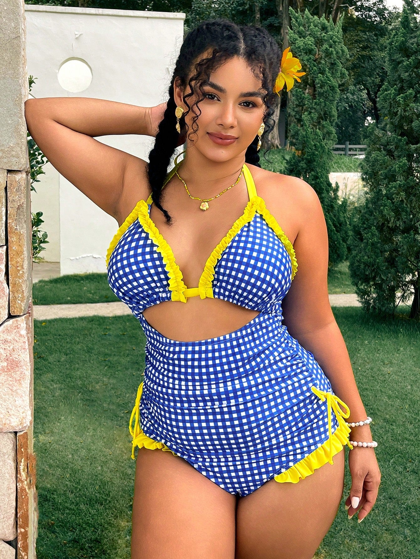 Swim Mod Plus Size Blue Plaid Patchwork Yellow Ruffle One-Piece Swimsuit, Essential For Summer Vacation And Beach Travel