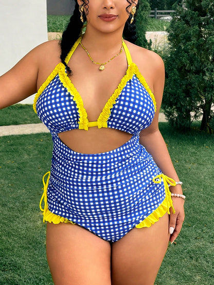 Swim Mod Plus Size Blue Plaid Patchwork Yellow Ruffle One-Piece Swimsuit, Essential For Summer Vacation And Beach Travel
