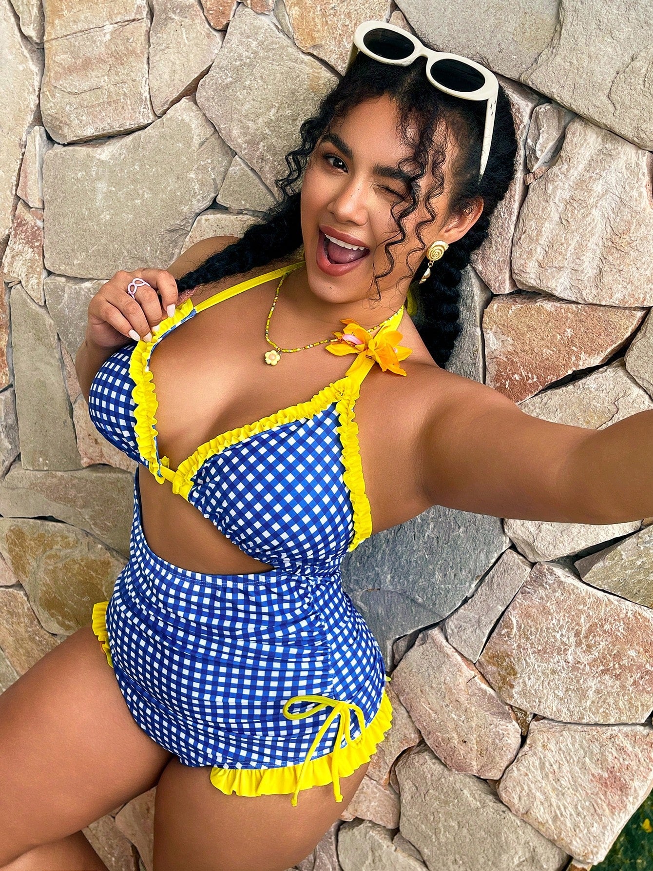 Swim Mod Plus Size Blue Plaid Patchwork Yellow Ruffle One-Piece Swimsuit, Essential For Summer Vacation And Beach Travel