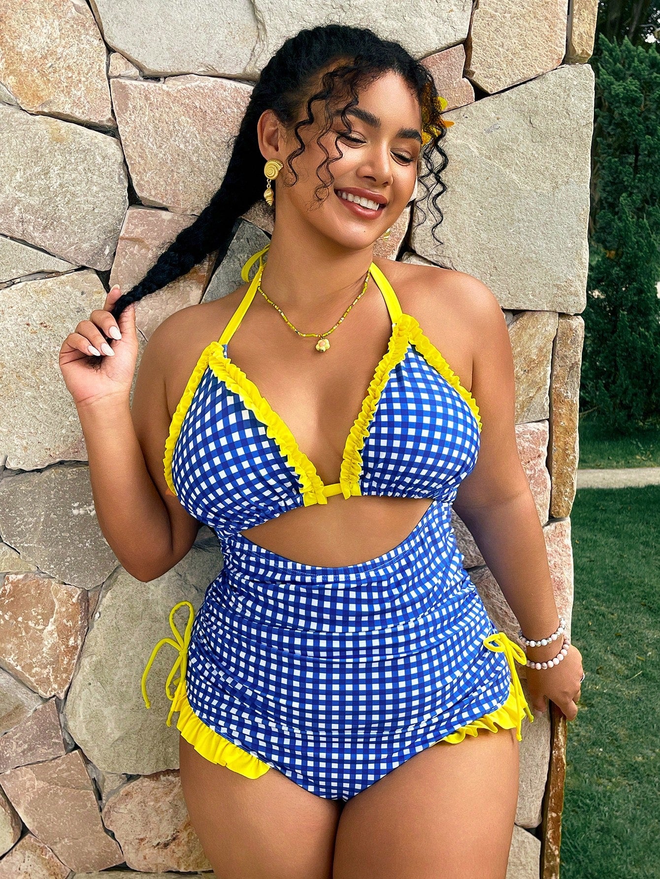 Swim Mod Plus Size Blue Plaid Patchwork Yellow Ruffle One-Piece Swimsuit, Essential For Summer Vacation And Beach Travel