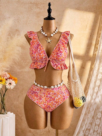 Swim Mod Plus Size Ditsy Floral Frill Trim Swimwear Set For Women