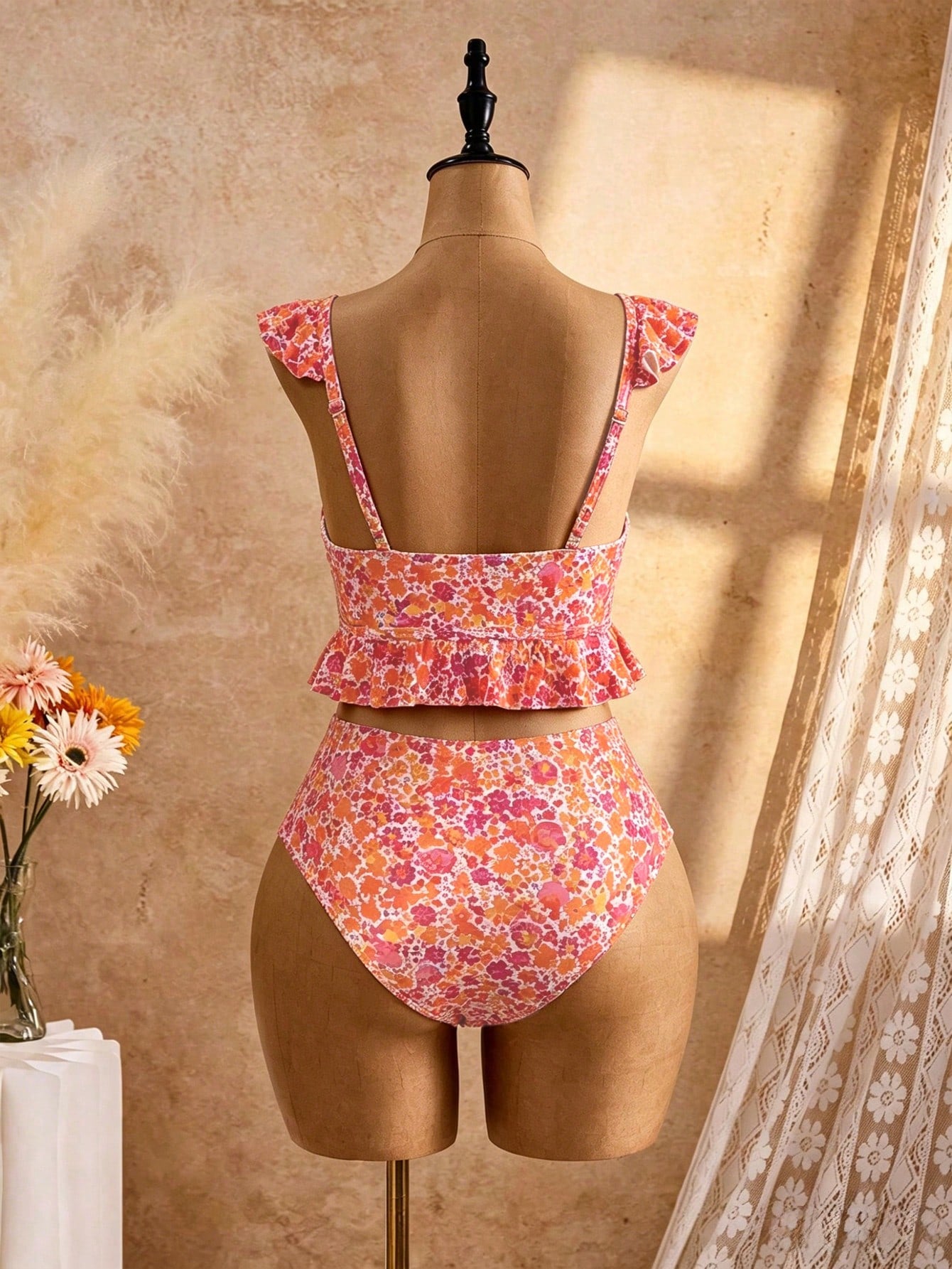 Swim Mod Plus Size Ditsy Floral Frill Trim Swimwear Set For Women