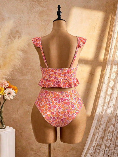 Swim Mod Plus Size Ditsy Floral Frill Trim Swimwear Set For Women
