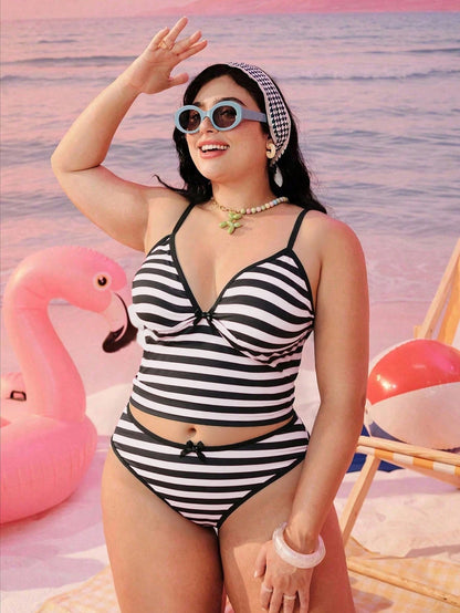 Swim Mod Plus Size Women 2-Piece Black And White Plaid Summer 1920s Beach Holiday Geometric Print Modest Sexy Bow Adjustable Strap High Waist Bikini Set