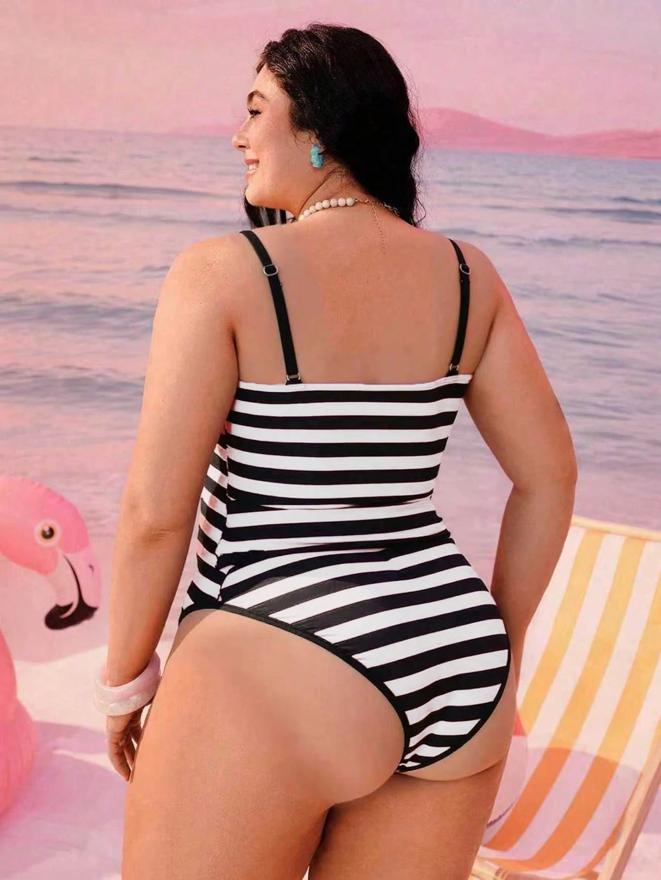 Swim Mod Plus Size Women 2-Piece Black And White Plaid Summer 1920s Beach Holiday Geometric Print Modest Sexy Bow Adjustable Strap High Waist Bikini Set