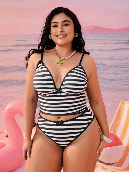 Swim Mod Plus Size Women 2-Piece Black And White Plaid Summer 1920s Beach Holiday Geometric Print Modest Sexy Bow Adjustable Strap High Waist Bikini Set