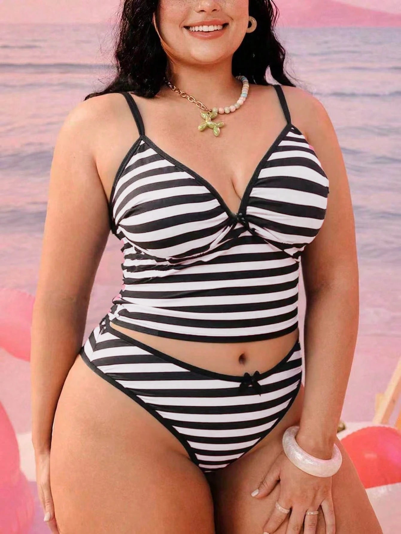 Swim Mod Plus Size Women 2-Piece Black And White Plaid Summer 1920s Beach Holiday Geometric Print Modest Sexy Bow Adjustable Strap High Waist Bikini Set