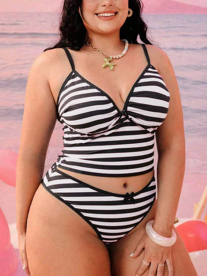 Swim Mod Plus Size Women 2-Piece Black And White Plaid Summer 1920s Beach Holiday Geometric Print Modest Sexy Bow Adjustable Strap High Waist Bikini Set
