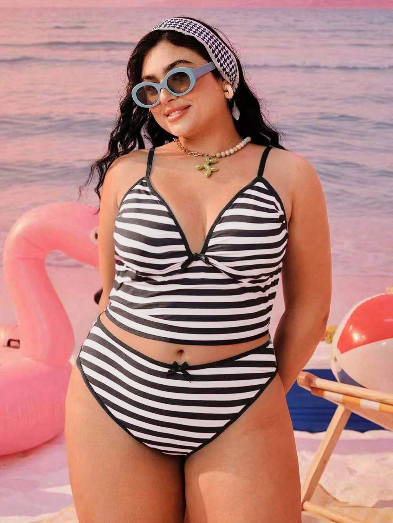 Swim Mod Plus Size Women 2-Piece Black And White Plaid Summer 1920s Beach Holiday Geometric Print Modest Sexy Bow Adjustable Strap High Waist Bikini Set