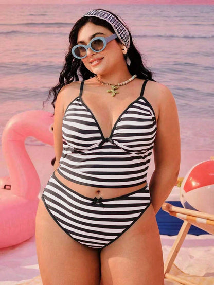 Swim Mod Plus Size Women 2-Piece Black And White Plaid Summer 1920s Beach Holiday Geometric Print Modest Sexy Bow Adjustable Strap High Waist Bikini Set