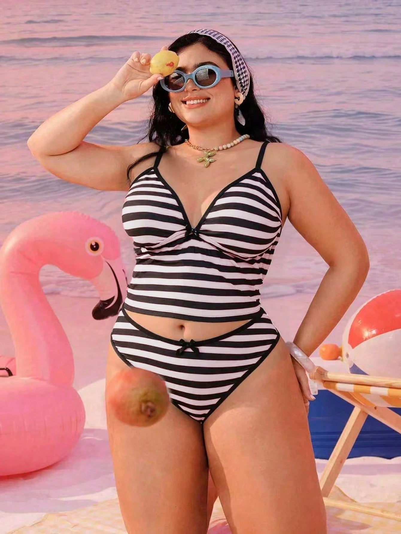 Swim Mod Plus Size Women 2-Piece Black And White Plaid Summer 1920s Beach Holiday Geometric Print Modest Sexy Bow Adjustable Strap High Waist Bikini Set