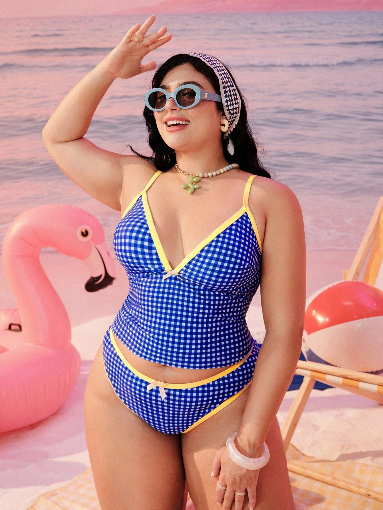 Swim Mod Plus Size Women 2-Piece Geometric Print Blue Tankini Set, Modest Bow High Waist Triangle Bikini Swimwear For Summer Beach Vacation Holiday