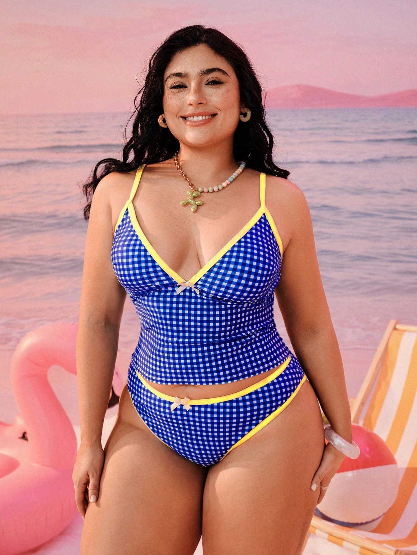 Swim Mod Plus Size Women 2-Piece Geometric Print Blue Tankini Set, Modest Bow High Waist Triangle Bikini Swimwear For Summer Beach Vacation Holiday