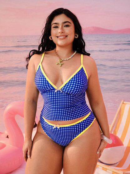 Swim Mod Plus Size Women 2-Piece Geometric Print Blue Tankini Set, Modest Bow High Waist Triangle Bikini Swimwear For Summer Beach Vacation Holiday
