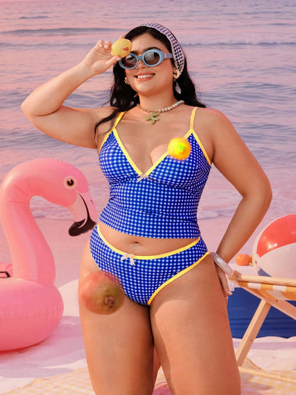 Swim Mod Plus Size Women 2-Piece Geometric Print Blue Tankini Set, Modest Bow High Waist Triangle Bikini Swimwear For Summer Beach Vacation Holiday