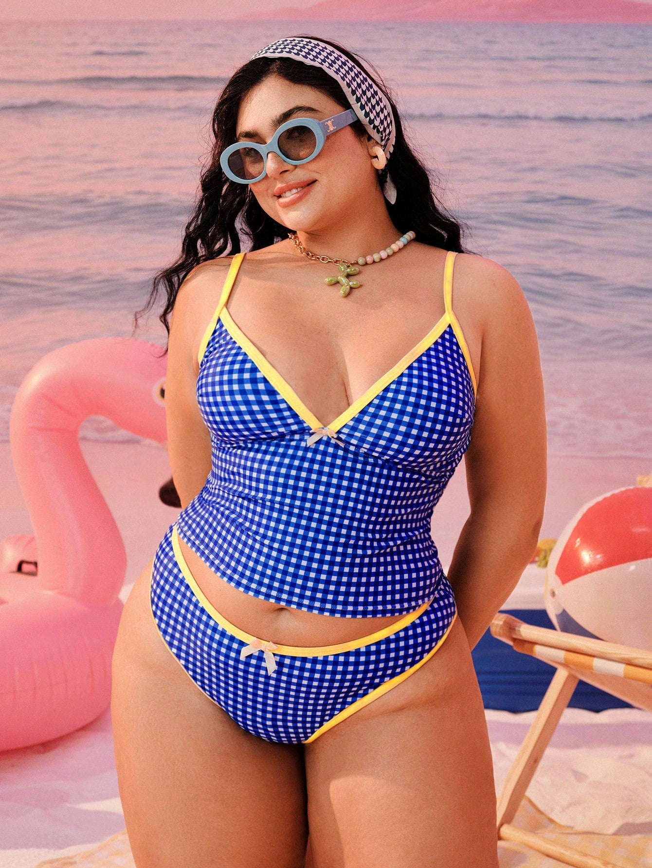 Swim Mod Plus Size Women 2-Piece Geometric Print Blue Tankini Set, Modest Bow High Waist Triangle Bikini Swimwear For Summer Beach Vacation Holiday