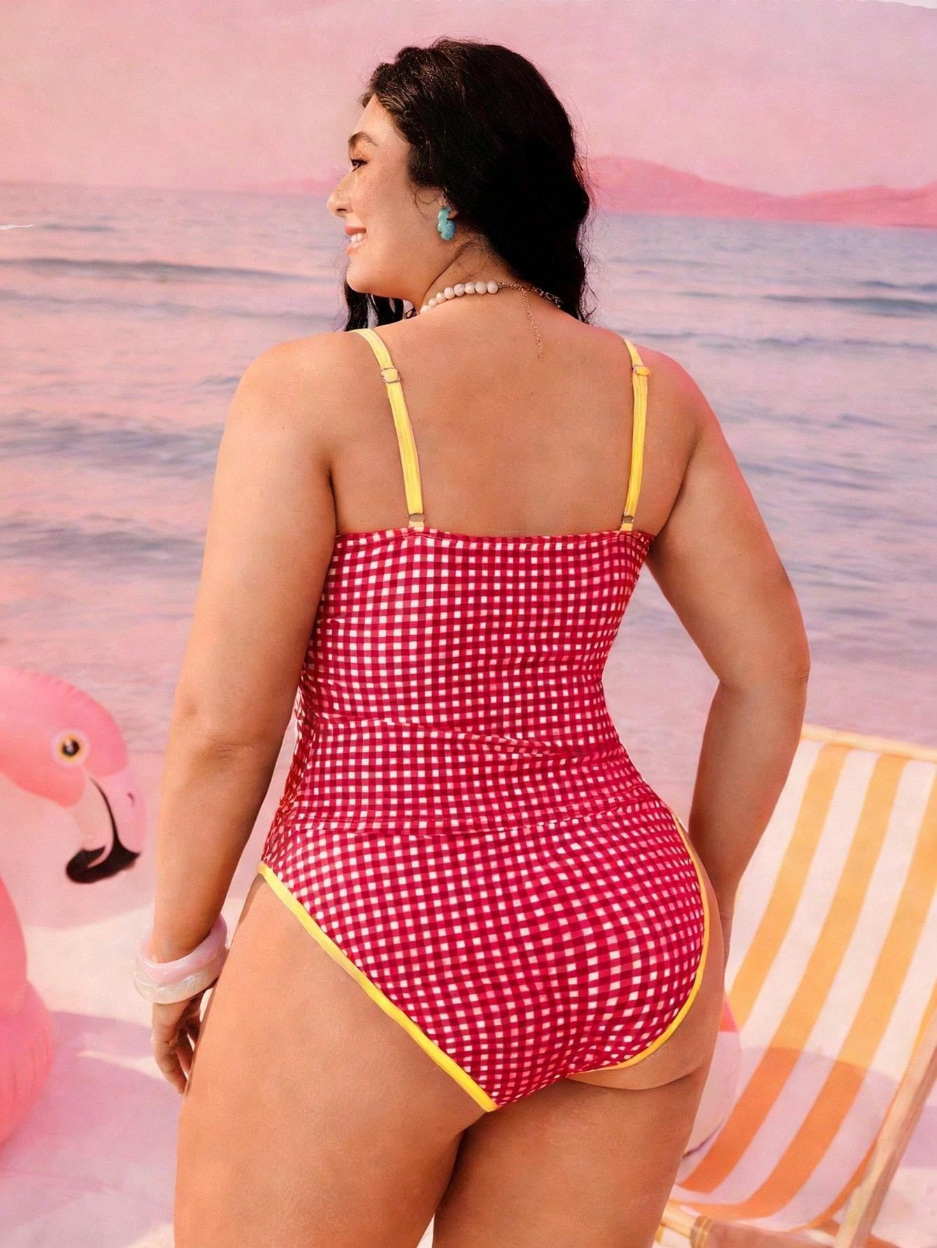 Swim Mod Plus Size Women 2-Piece Geometric Print Blue Tankini Set, Modest Bow High Waist Triangle Bikini Swimwear For Summer Beach Vacation Holiday