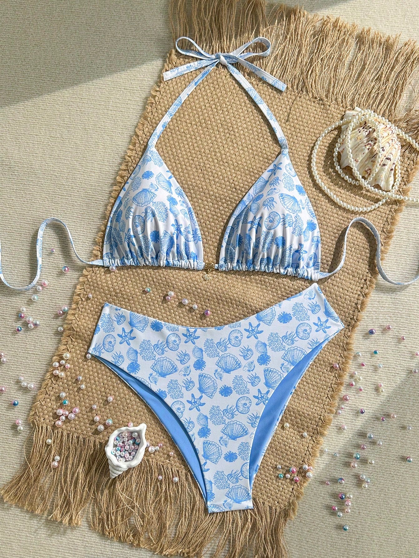 Swim Mod Plus Size Women Seashell Print Sweet Sexy Beach Beach Vacation Vacation Bikini Set Light Blue Summer