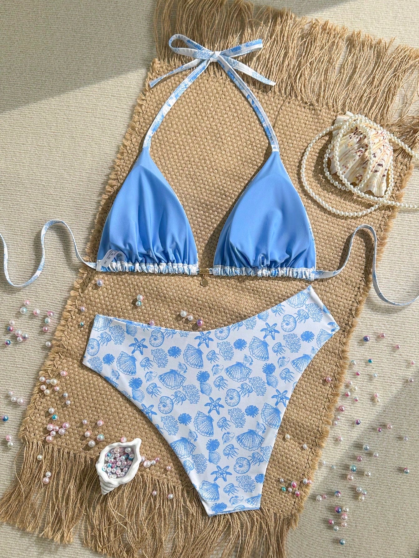 Swim Mod Plus Size Women Seashell Print Sweet Sexy Beach Beach Vacation Vacation Bikini Set Light Blue Summer
