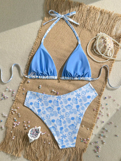 Swim Mod Plus Size Women Seashell Print Sweet Sexy Beach Beach Vacation Vacation Bikini Set Light Blue Summer