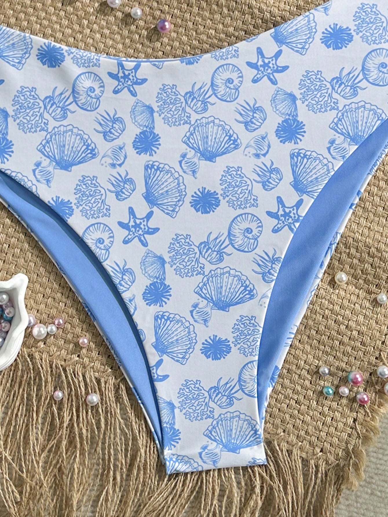 Swim Mod Plus Size Women Seashell Print Sweet Sexy Beach Beach Vacation Vacation Bikini Set Light Blue Summer
