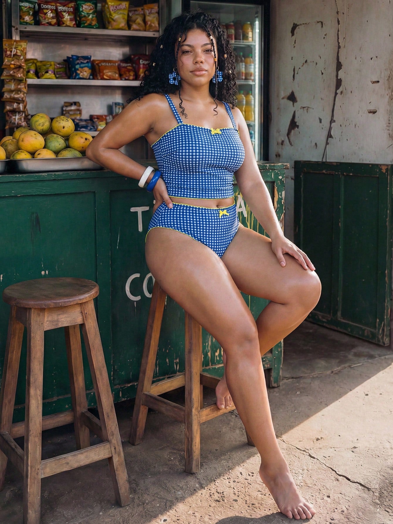 Swim Mod Plus Size Women Summer Beach Plaid Tankini Swimwear Set