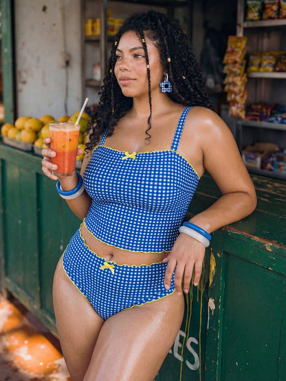 Swim Mod Plus Size Women Summer Beach Plaid Tankini Swimwear Set