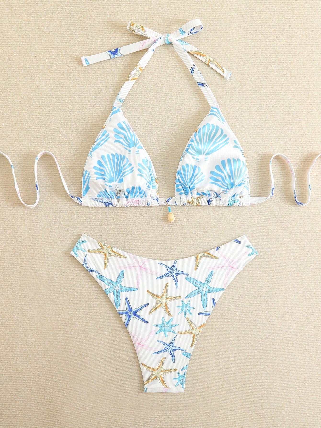 Swim Mod Plus Size Women Summer Starfish Printed Halter Bikini Set With Shell Decor Tankini Swimsuits