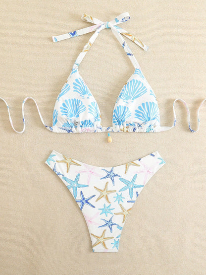 Swim Mod Plus Size Women Summer Starfish Printed Halter Bikini Set With Shell Decor Tankini Swimsuits