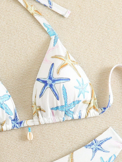 Swim Mod Plus Size Women Summer Starfish Printed Halter Bikini Set With Shell Decor Tankini Swimsuits