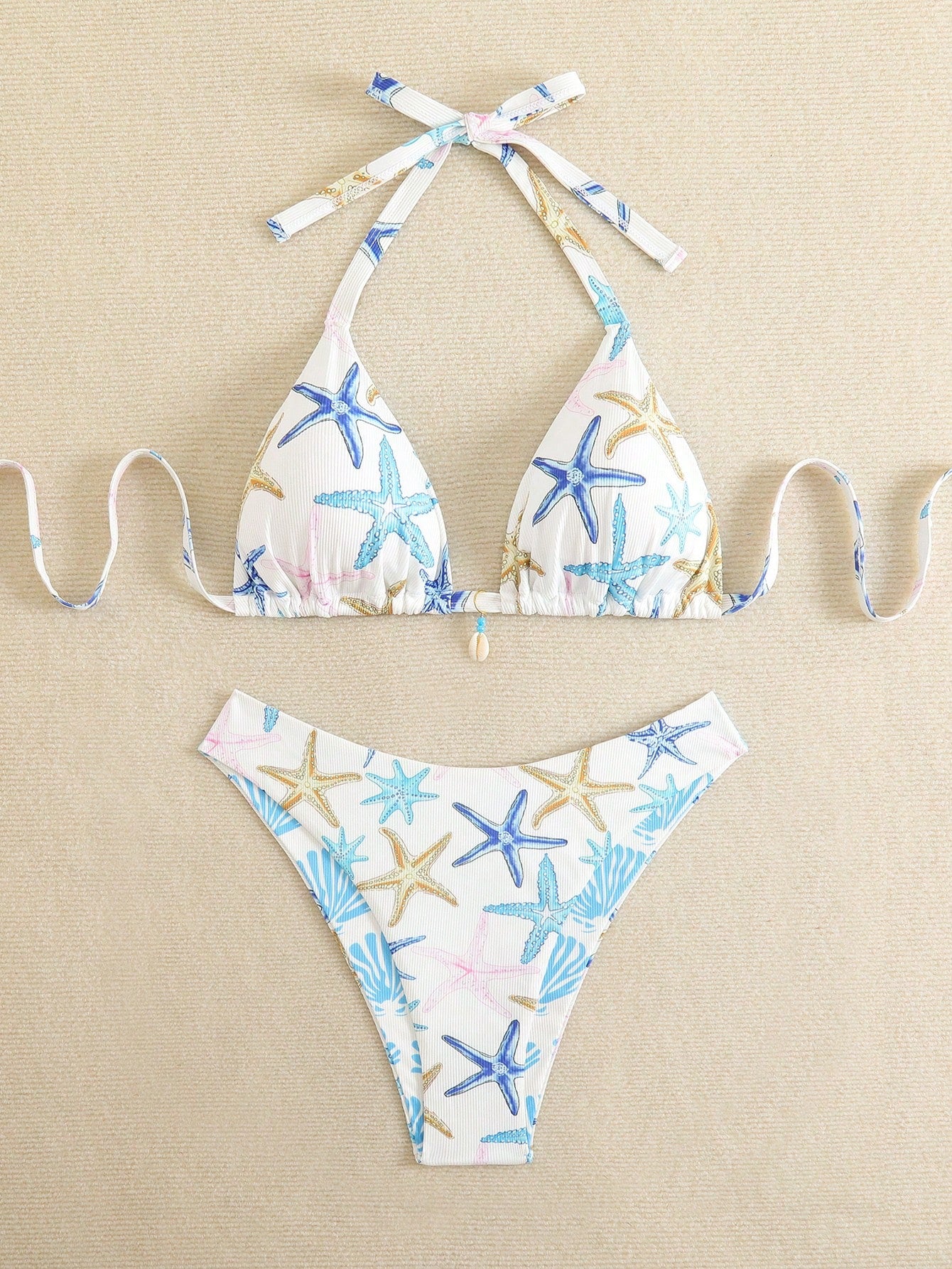 Swim Mod Plus Size Women Summer Starfish Printed Halter Bikini Set With Shell Decor Tankini Swimsuits