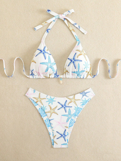 Swim Mod Plus Size Women Summer Starfish Printed Halter Bikini Set With Shell Decor Tankini Swimsuits