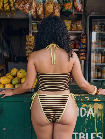 Swim Mod Retro Tropical Brown Striped Bikini Set,Butter Yellow,Summer,1920s Flapper,Beach,Holiday Halter Triangle Top Plus Size Two-Piece Swimwear For Women
