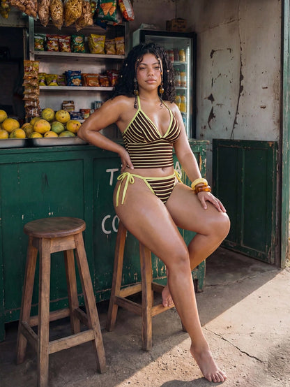 Swim Mod Retro Tropical Brown Striped Bikini Set,Butter Yellow,Summer,1920s Flapper,Beach,Holiday Halter Triangle Top Plus Size Two-Piece Swimwear For Women
