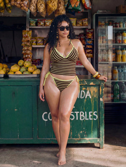 Swim Mod Retro Tropical Brown Striped Bikini Set,Butter Yellow,Summer,1920s Flapper,Beach,Holiday Halter Triangle Top Plus Size Two-Piece Swimwear For Women
