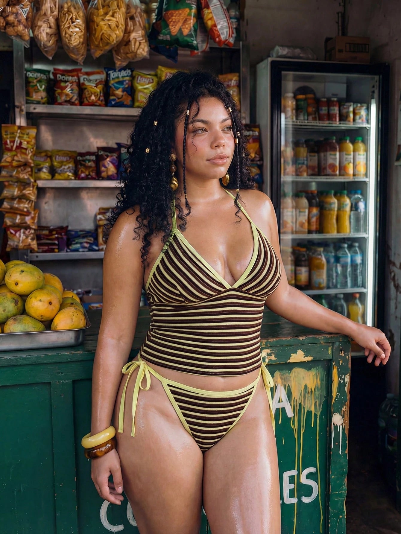 Swim Mod Retro Tropical Brown Striped Bikini Set,Butter Yellow,Summer,1920s Flapper,Beach,Holiday Halter Triangle Top Plus Size Two-Piece Swimwear For Women