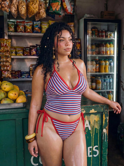 Swim Mod Retro Tropical Brown Striped Bikini Set,Butter Yellow,Summer,1920s Flapper,Beach,Holiday Halter Triangle Top Plus Size Two-Piece Swimwear For Women