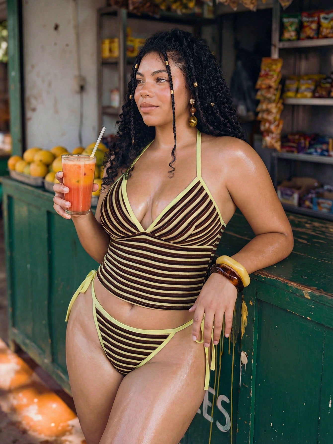 Swim Mod Retro Tropical Brown Striped Bikini Set,Butter Yellow,Summer,1920s Flapper,Beach,Holiday Halter Triangle Top Plus Size Two-Piece Swimwear For Women