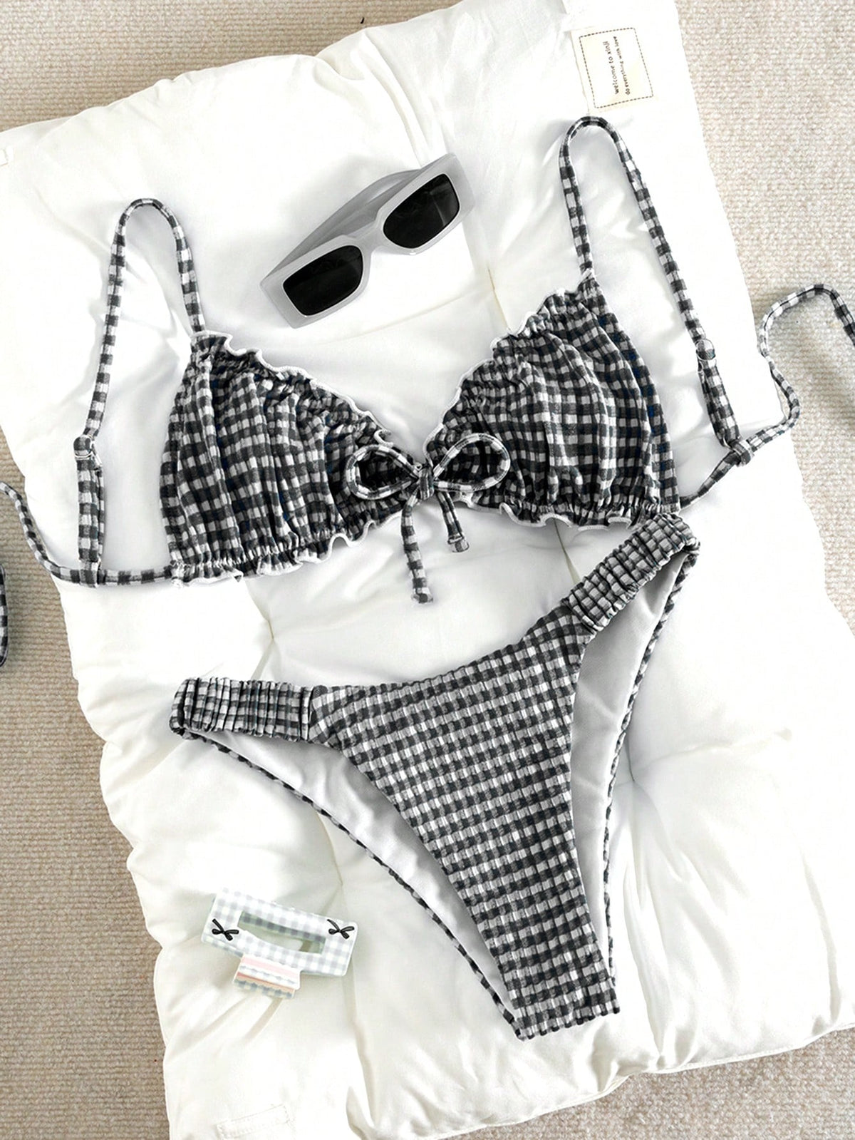Swim Mod Textured Fabric Ruched Frill Pleated Front Tie Bow Waist Drawstring Cute Sweet Fashionable Lively Party Two Pieces Bikini Set Set