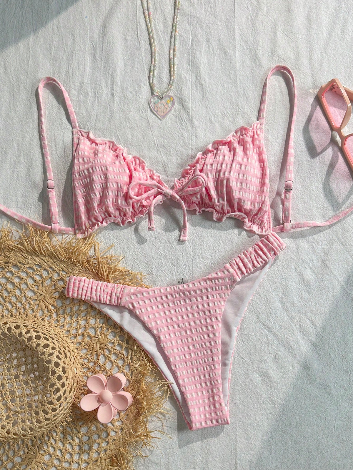 Swim Mod Textured Fabric Ruched Frill Pleated Front Tie Bow Waist Drawstring Cute Sweet Fashionable Lively Party Two Pieces Bikini Set Set