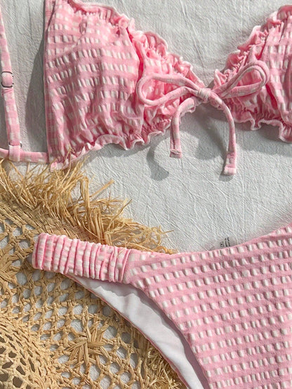 Swim Mod Textured Fabric Ruched Frill Pleated Front Tie Bow Waist Drawstring Cute Sweet Fashionable Lively Party Two Pieces Bikini Set Set